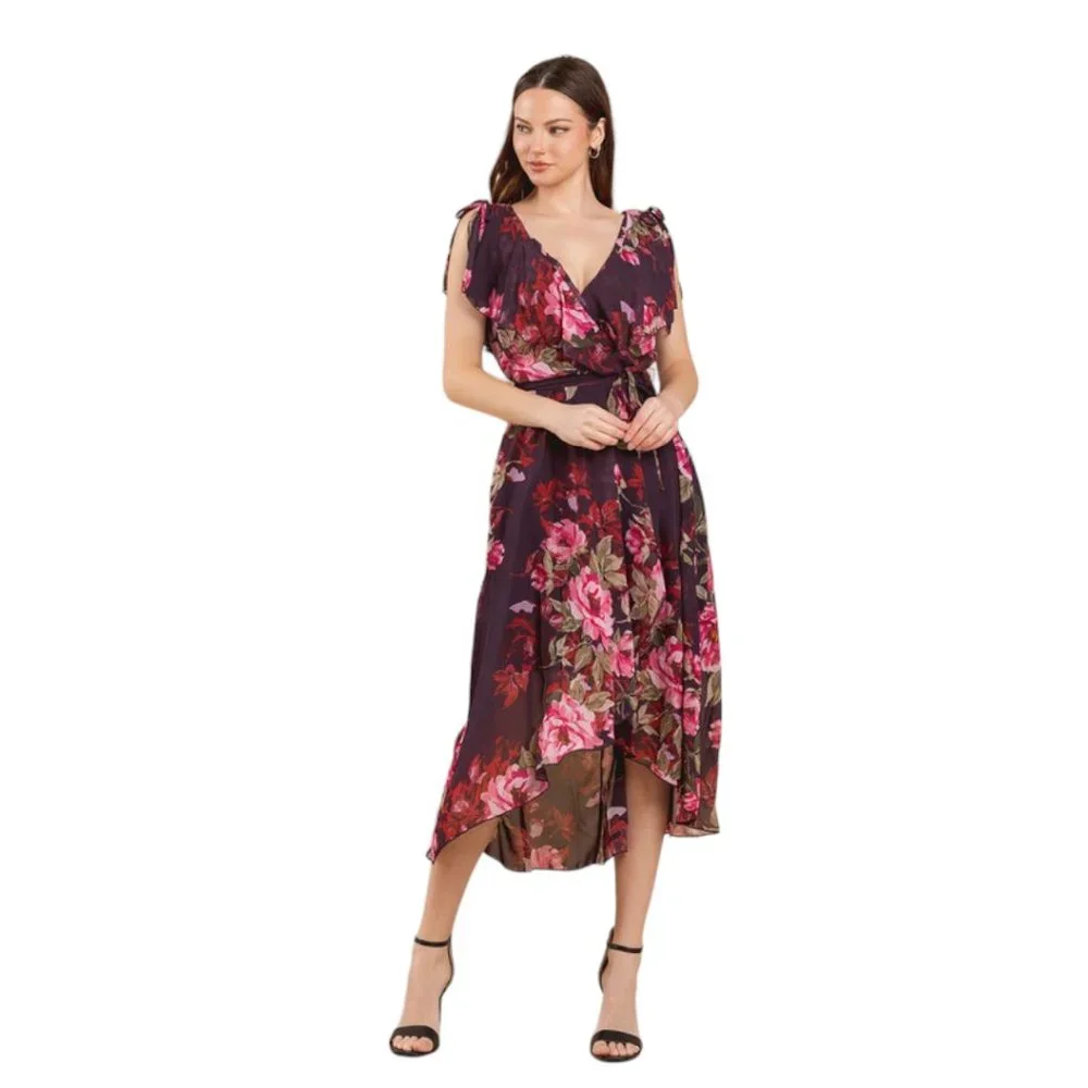 Plum and Red Roses Wrapped Ruffles Hi-Lo Midi Dress - Size 8 - Picture 8 of 8